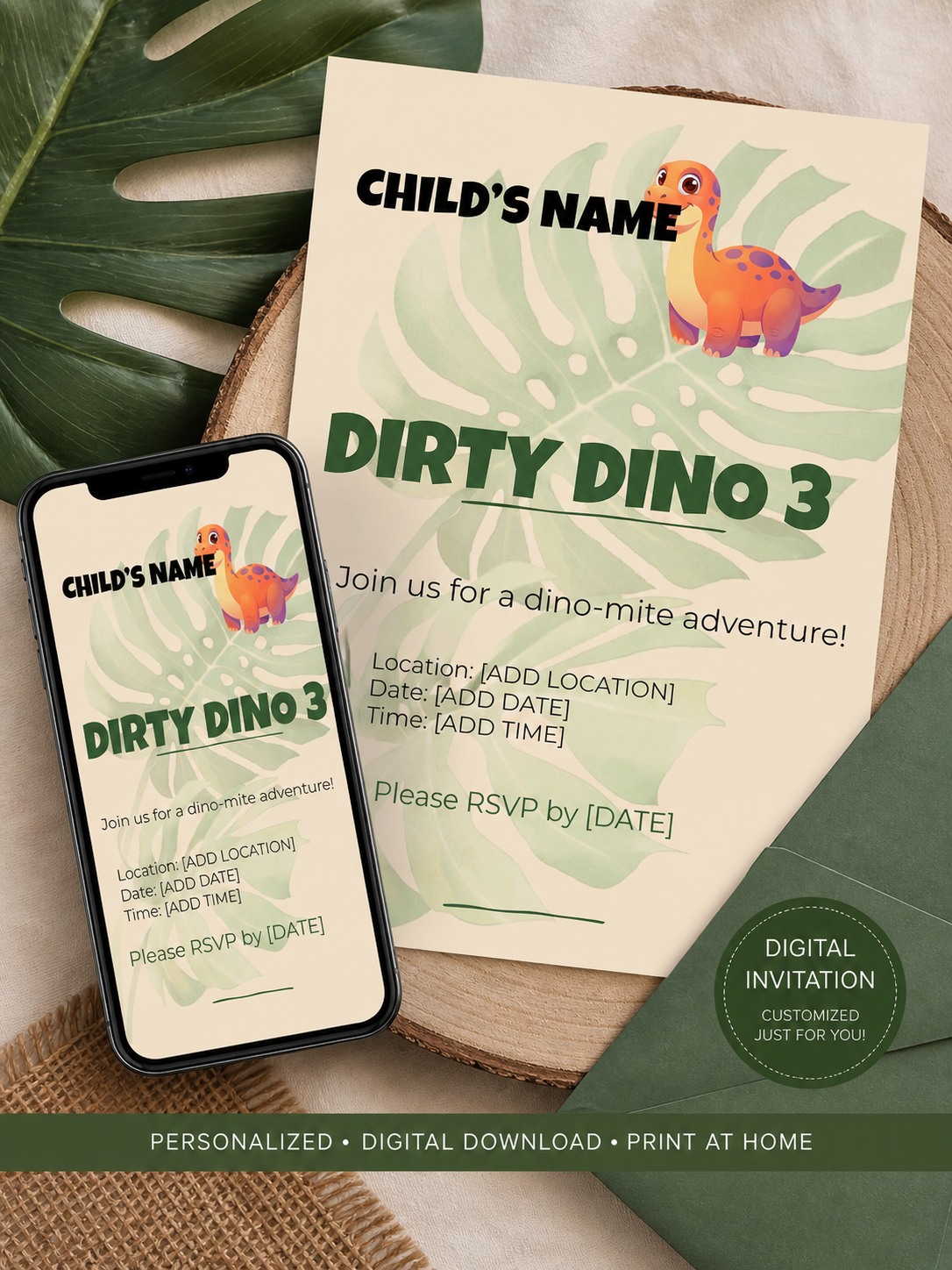 Dirty Dino 3rd Editable Birthday Invitation
